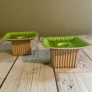 Vintage Roselane Pottery Candle Holders – Green & Brown Glaze